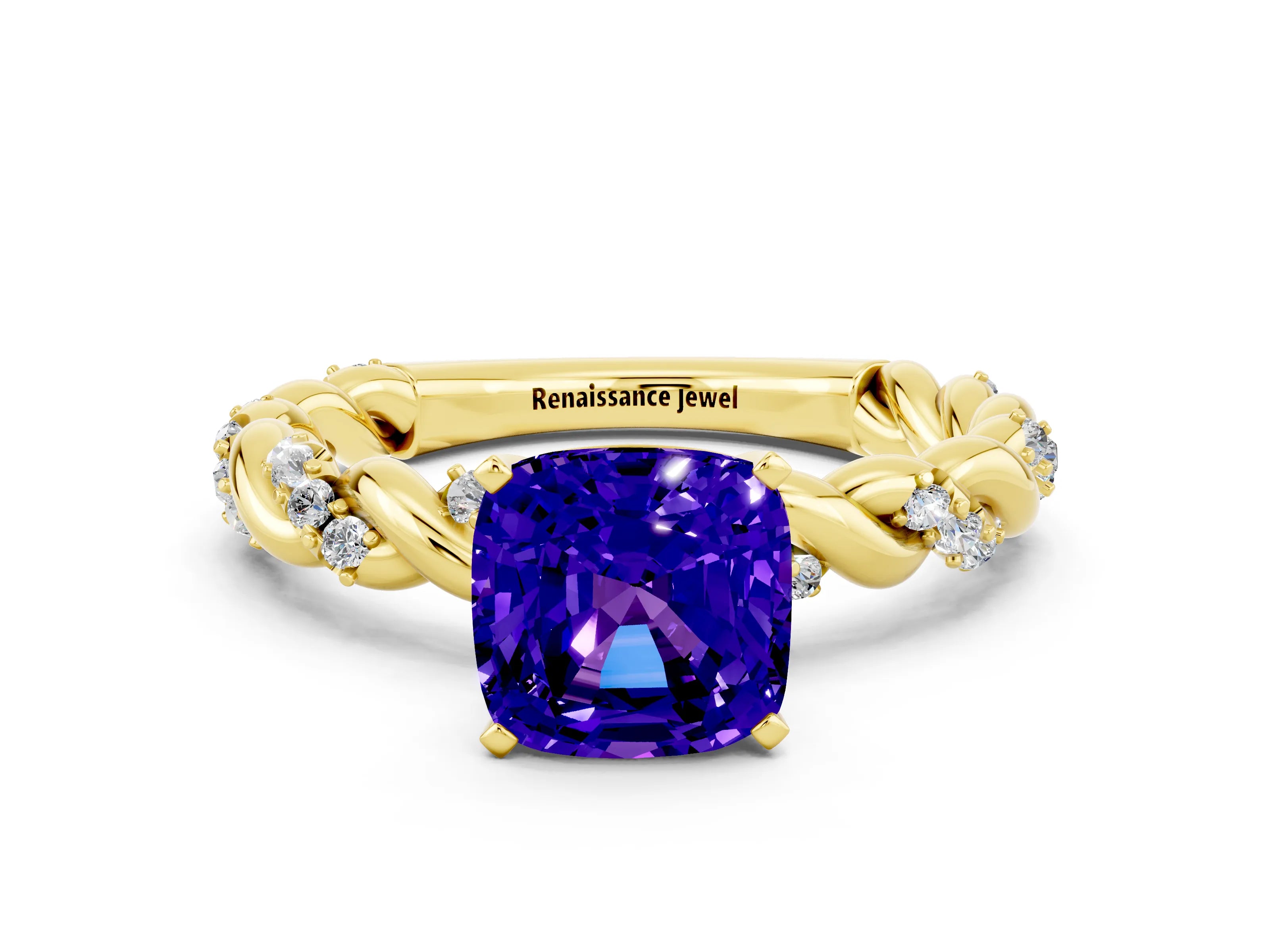 Yellow gold Cushion Cut Tanzanite Solitaire Ring with Twisted Band and Pavé Accents