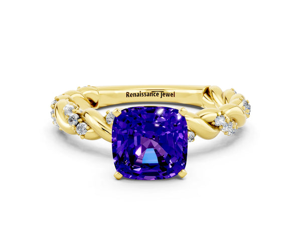 Yellow gold Cushion Cut Tanzanite Solitaire Ring with Twisted Band and Pavé Accents
