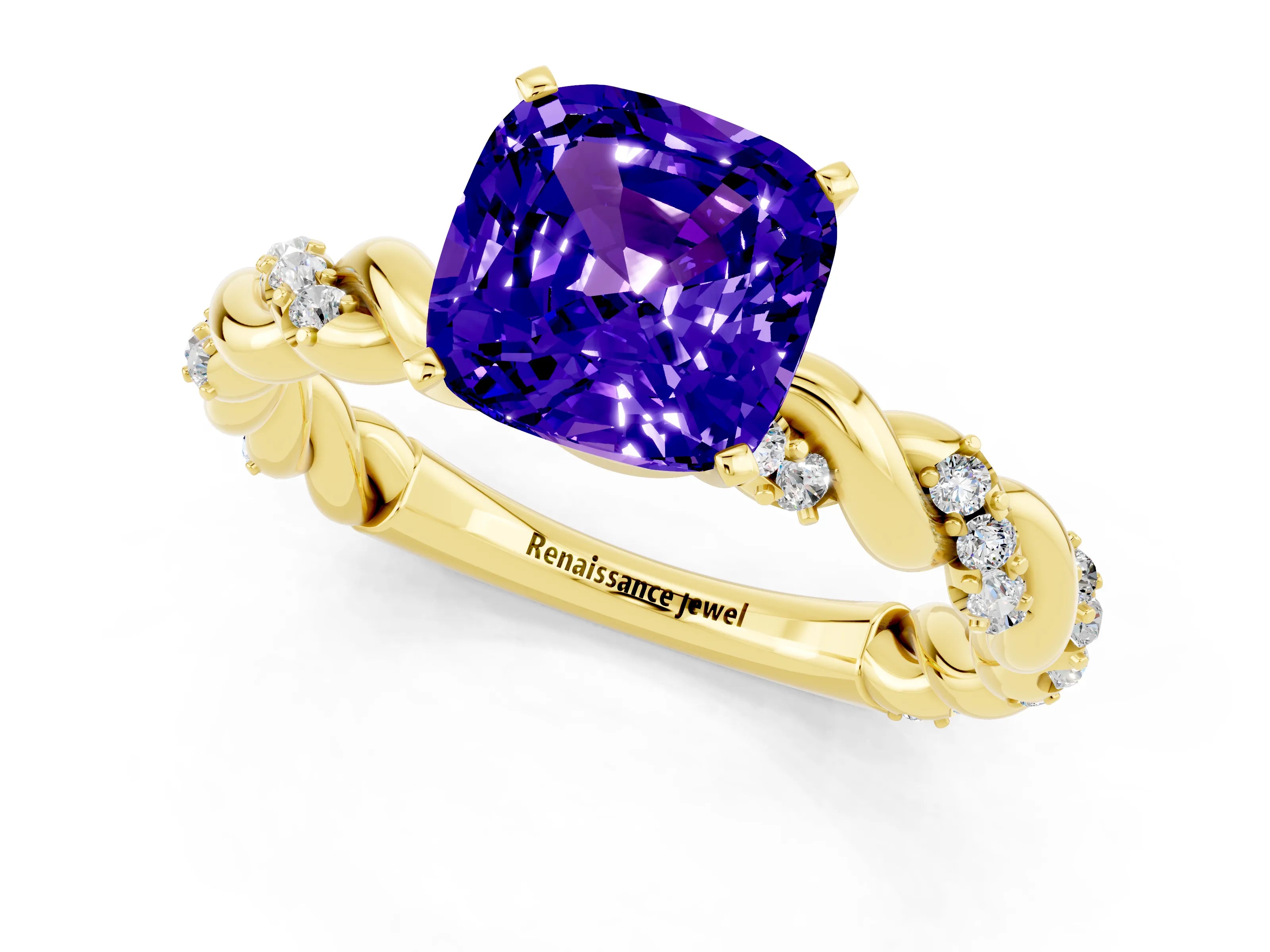 Yellow gold Cushion Cut Tanzanite Solitaire Ring with Twisted Band and Pavé Accents_1