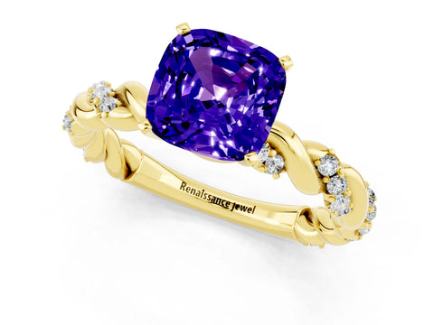 Yellow gold Cushion Cut Tanzanite Solitaire Ring with Twisted Band and Pavé Accents_1