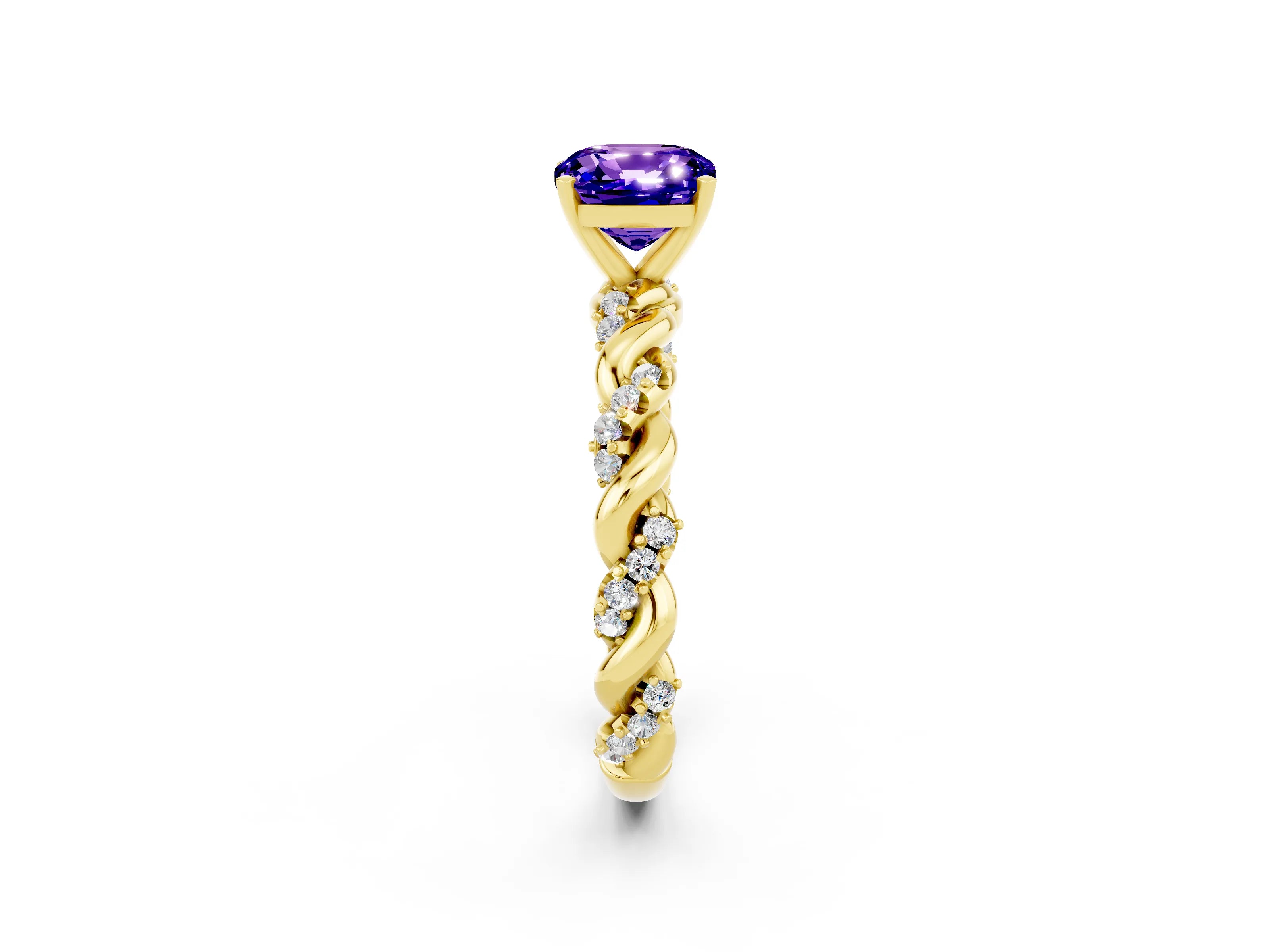 Yellow gold Cushion Cut Tanzanite Solitaire Ring with Twisted Band and Pavé Accents_2
