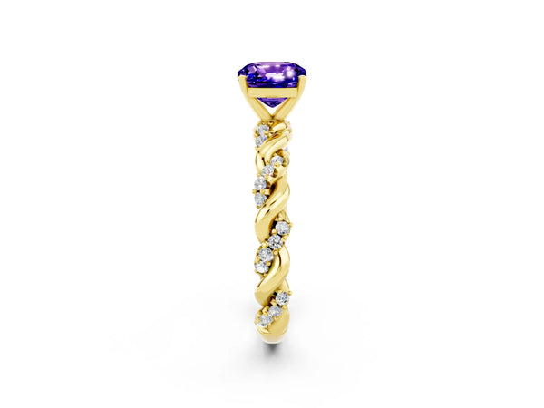 Yellow gold Cushion Cut Tanzanite Solitaire Ring with Twisted Band and Pavé Accents