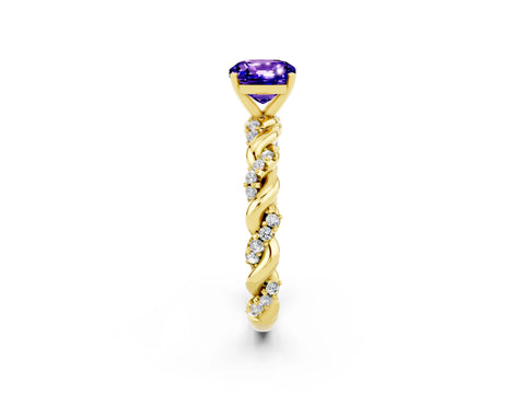 Yellow gold Cushion Cut Tanzanite Solitaire Ring with Twisted Band and Pavé Accents_2