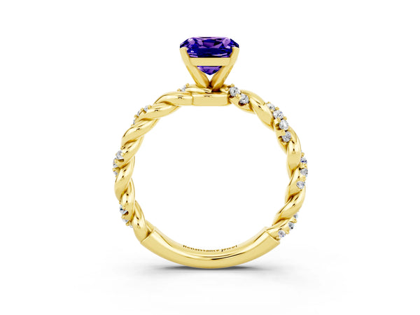 Yellow gold Cushion Cut Tanzanite Solitaire Ring with Twisted Band and Pavé Accents