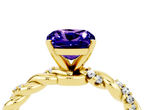 Yellow gold Cushion Cut Tanzanite Solitaire Ring with Twisted Band and Pavé Accents_4