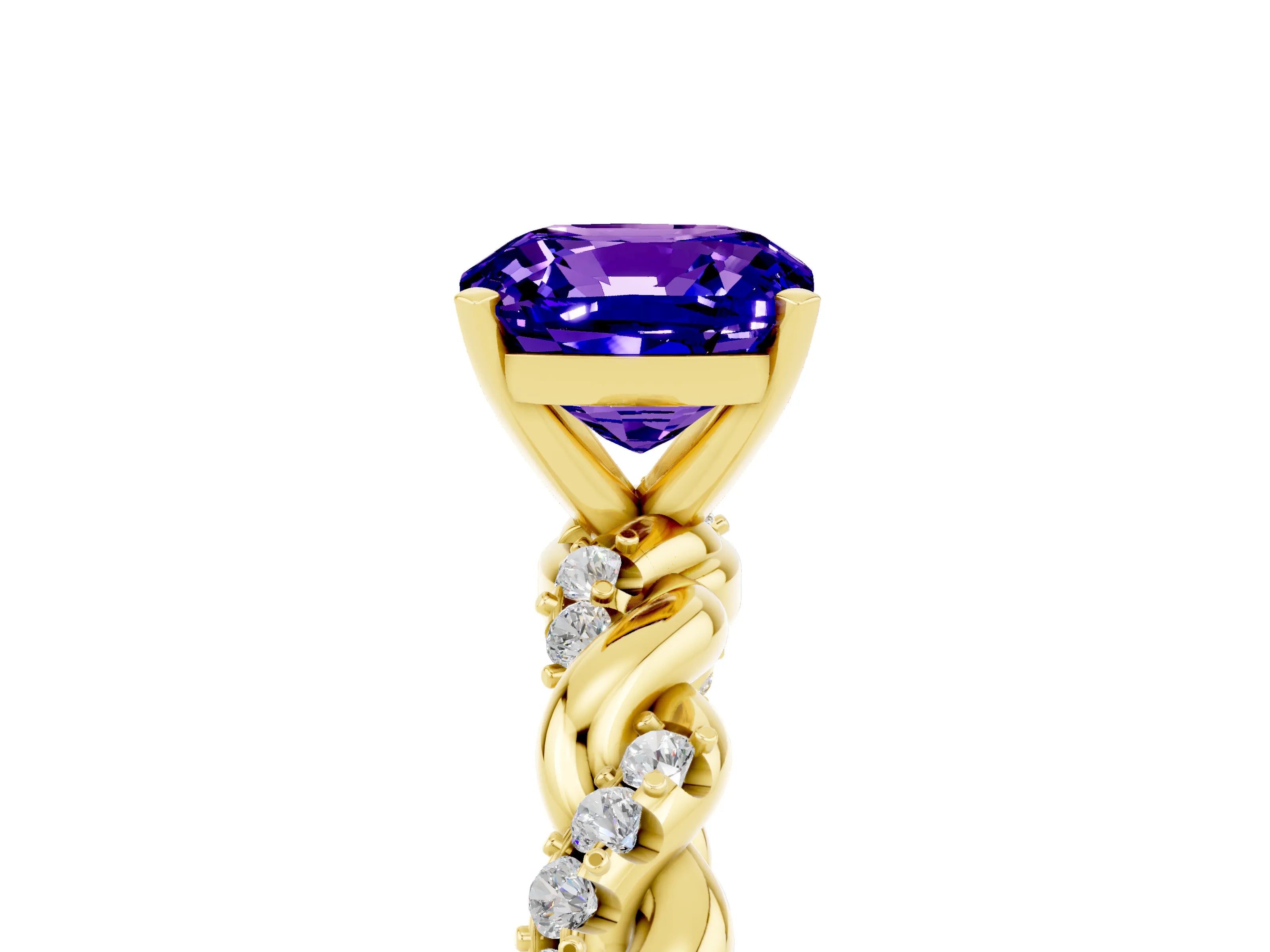 Yellow gold Cushion Cut Tanzanite Solitaire Ring with Twisted Band and Pavé Accents_5
