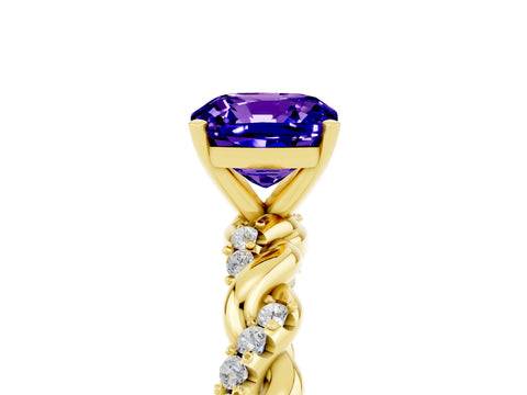 Yellow gold Cushion Cut Tanzanite Solitaire Ring with Twisted Band and Pavé Accents_5