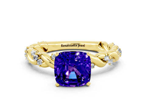 Yellow gold Cushion Cut Tanzanite Solitaire Ring with Twisted Band and Pavé Accents
