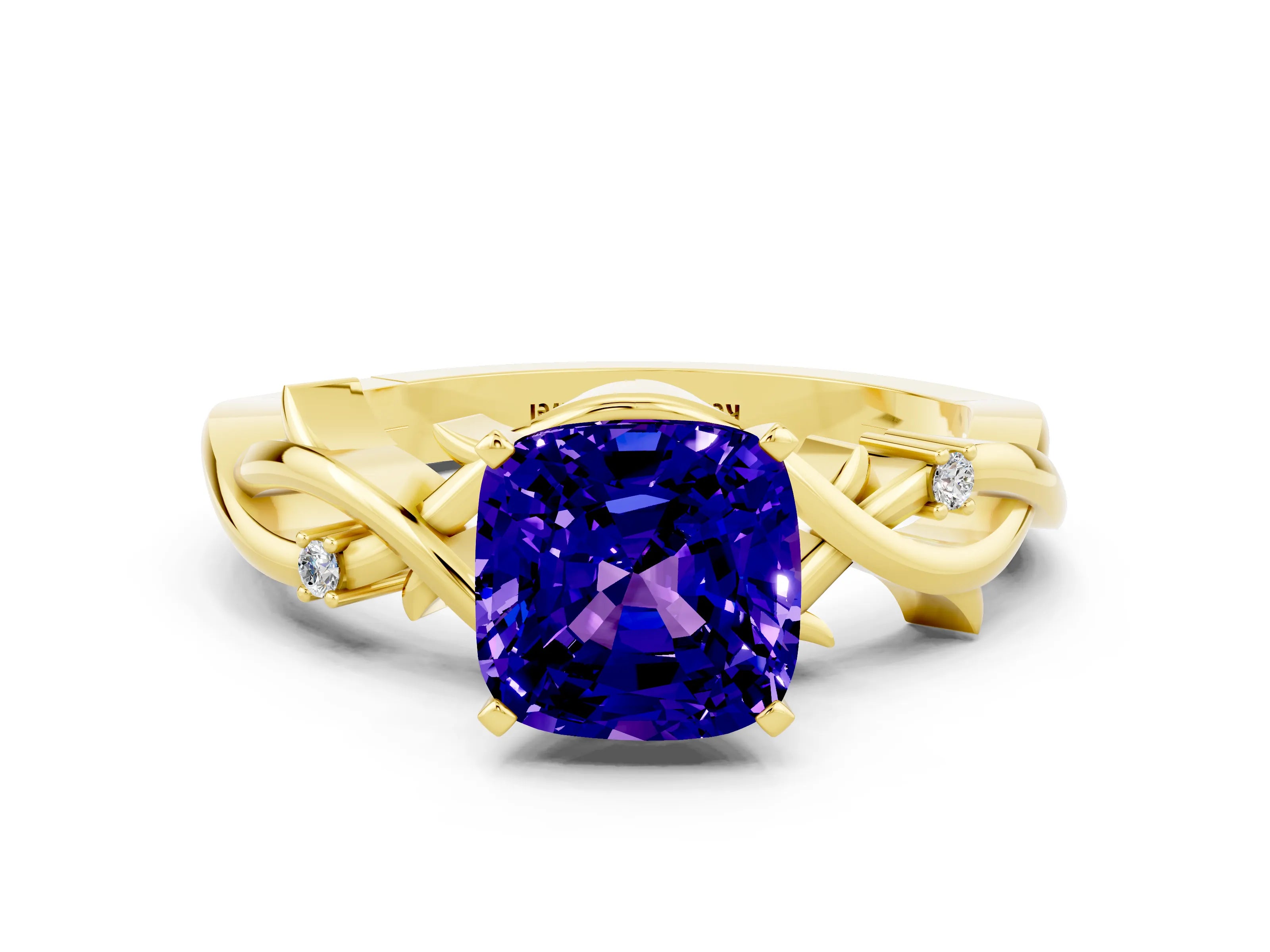 Yellow gold Cushion Cut Tanzanite Solitaire Ring with Twisted Band and Prong Setting