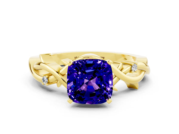 Yellow gold Cushion Cut Tanzanite Solitaire Ring with Twisted Band and Prong Setting
