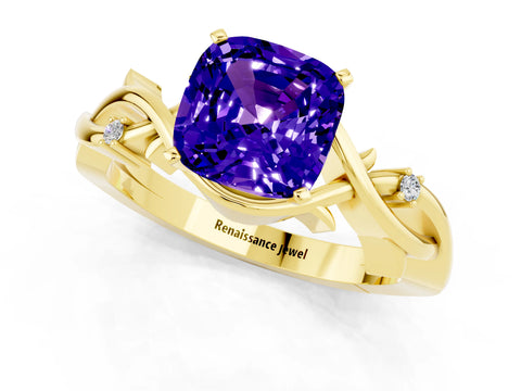 Yellow gold Cushion Cut Tanzanite Solitaire Ring with Twisted Band and Prong Setting_1