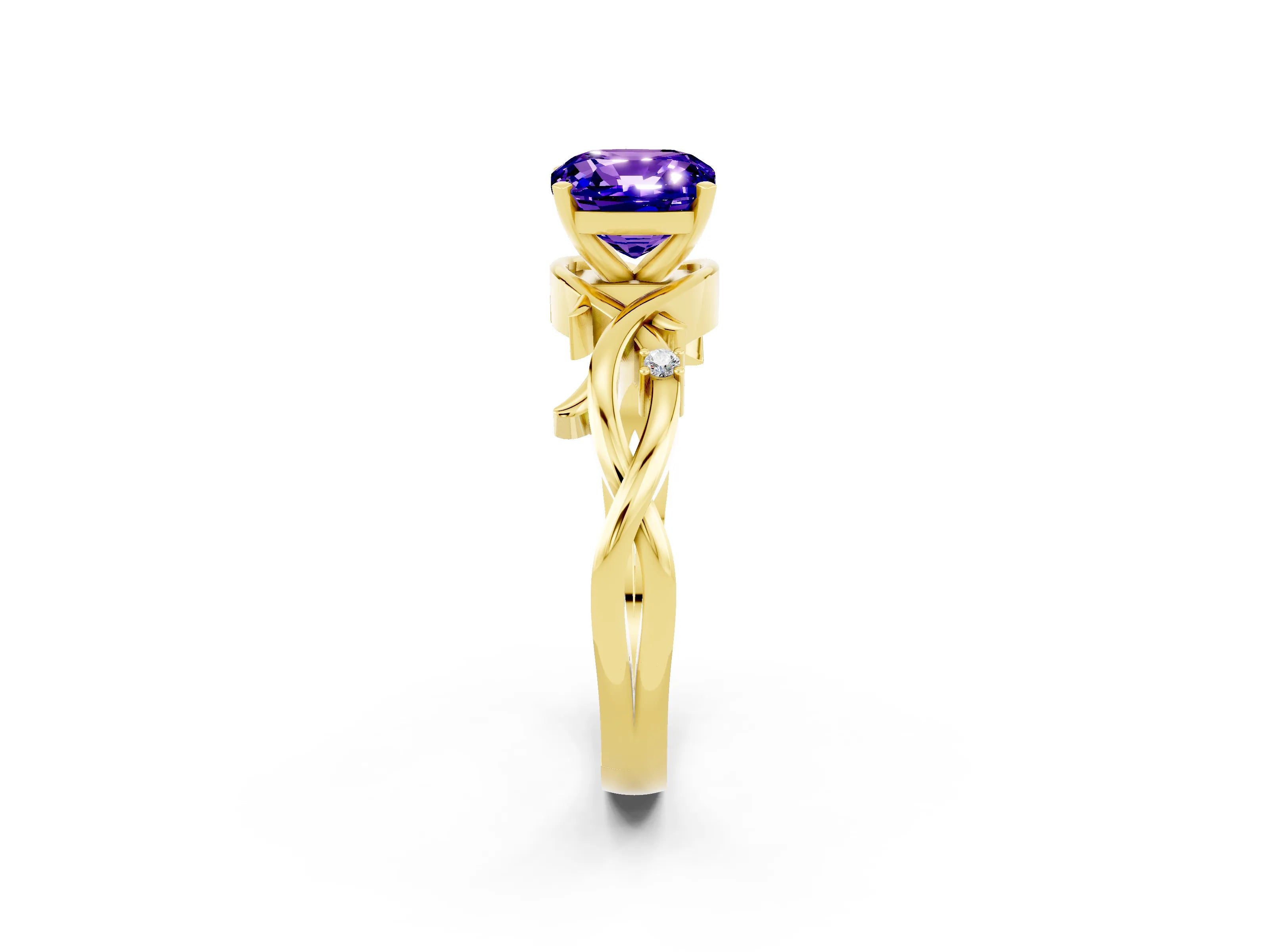 Yellow gold Cushion Cut Tanzanite Solitaire Ring with Twisted Band and Prong Setting_2