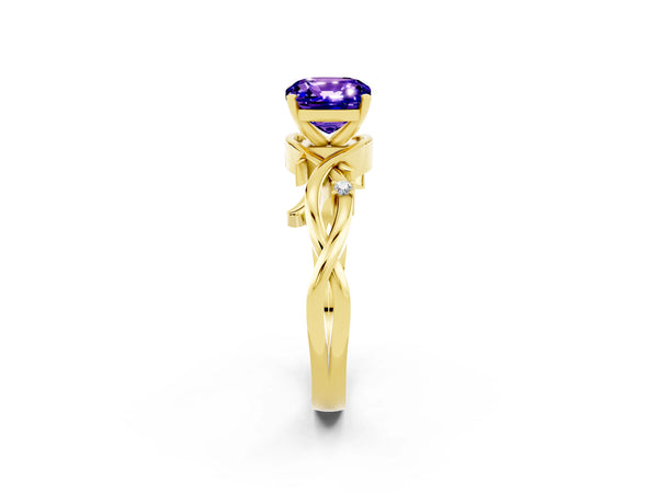 Yellow gold Cushion Cut Tanzanite Solitaire Ring with Twisted Band and Prong Setting