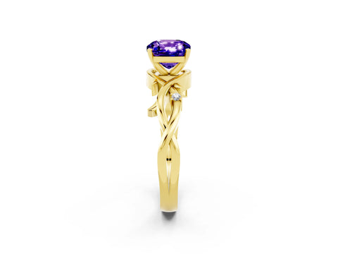Yellow gold Cushion Cut Tanzanite Solitaire Ring with Twisted Band and Prong Setting_2