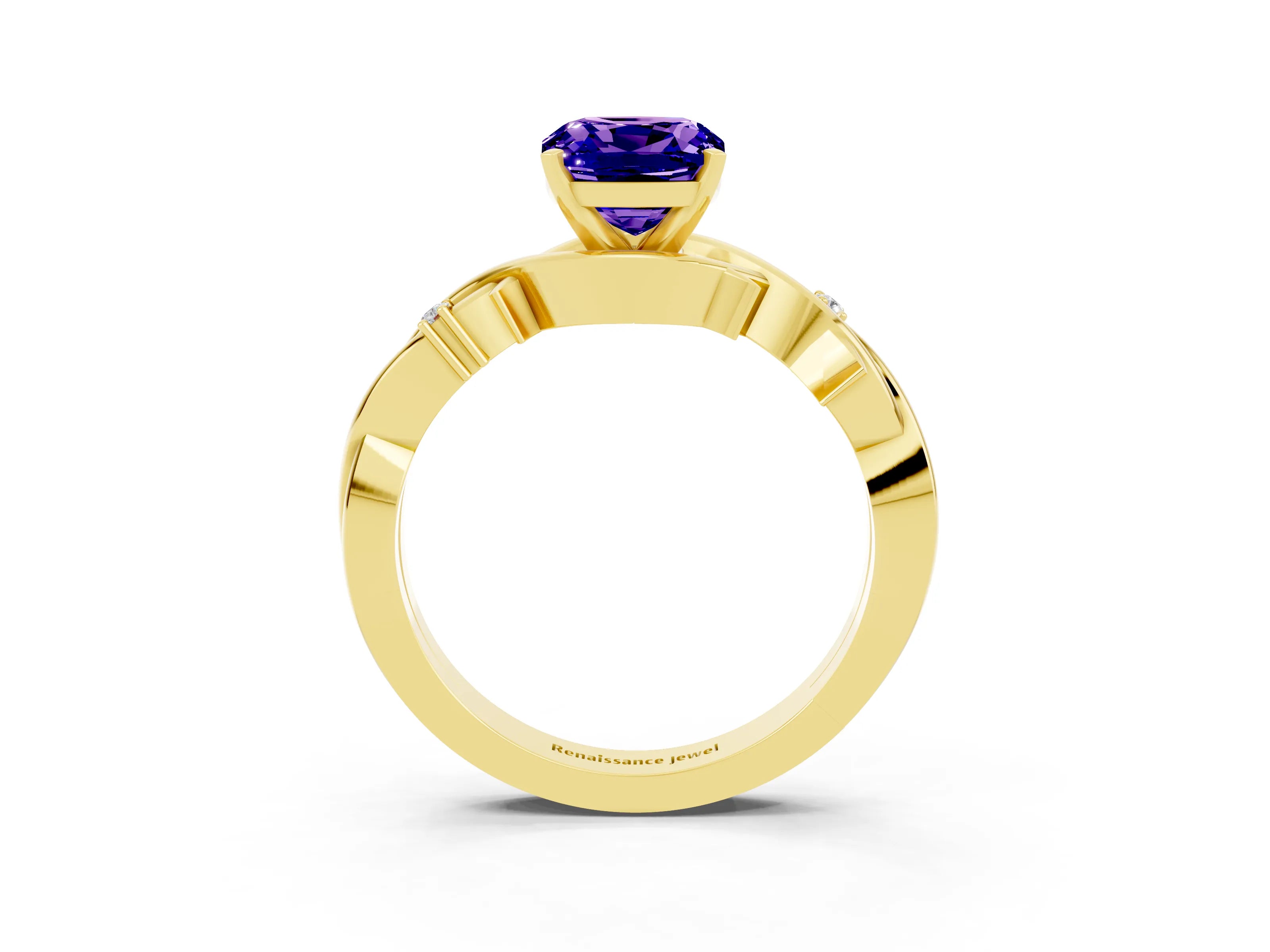 Yellow gold Cushion Cut Tanzanite Solitaire Ring with Twisted Band and Prong Setting_3