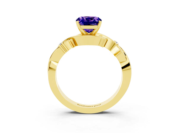 Yellow gold Cushion Cut Tanzanite Solitaire Ring with Twisted Band and Prong Setting