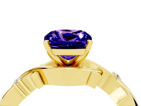 Yellow gold Cushion Cut Tanzanite Solitaire Ring with Twisted Band and Prong Setting_4