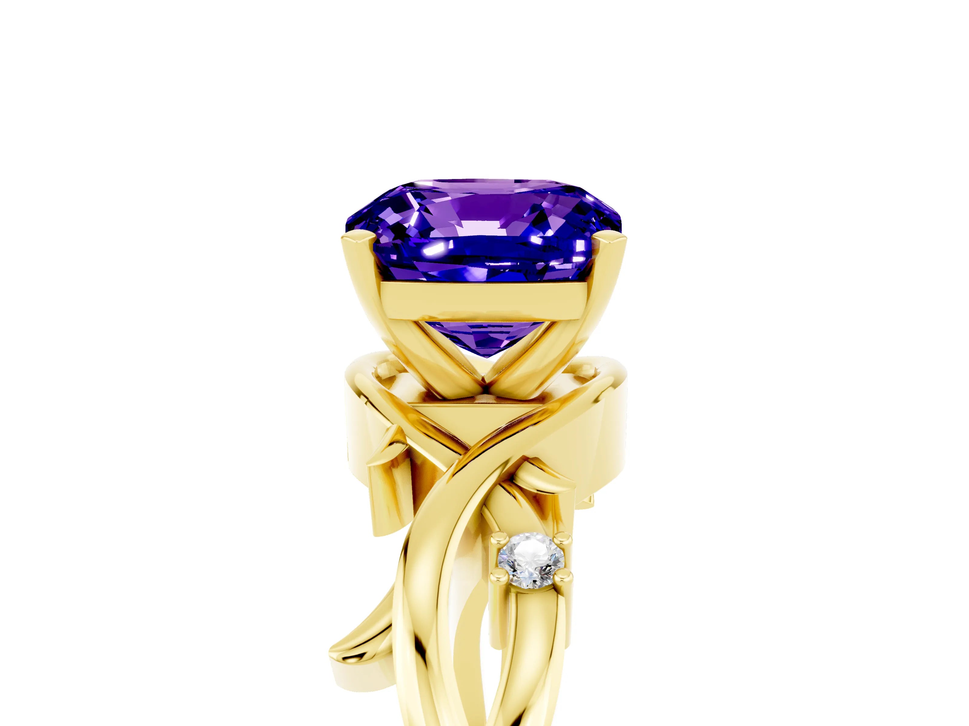 Yellow gold Cushion Cut Tanzanite Solitaire Ring with Twisted Band and Prong Setting_5