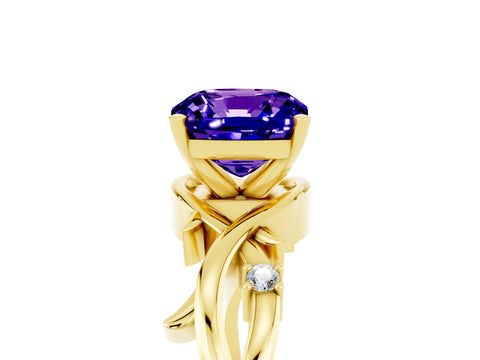 Yellow gold Cushion Cut Tanzanite Solitaire Ring with Twisted Band and Prong Setting_5