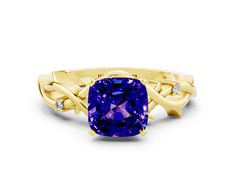 Yellow gold Cushion Cut Tanzanite Solitaire Ring with Twisted Band and Prong Setting