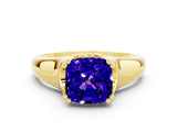 Yellow gold Cushion Cut Tanzanite Solitaire Ring with Wide Band and Prong Setting