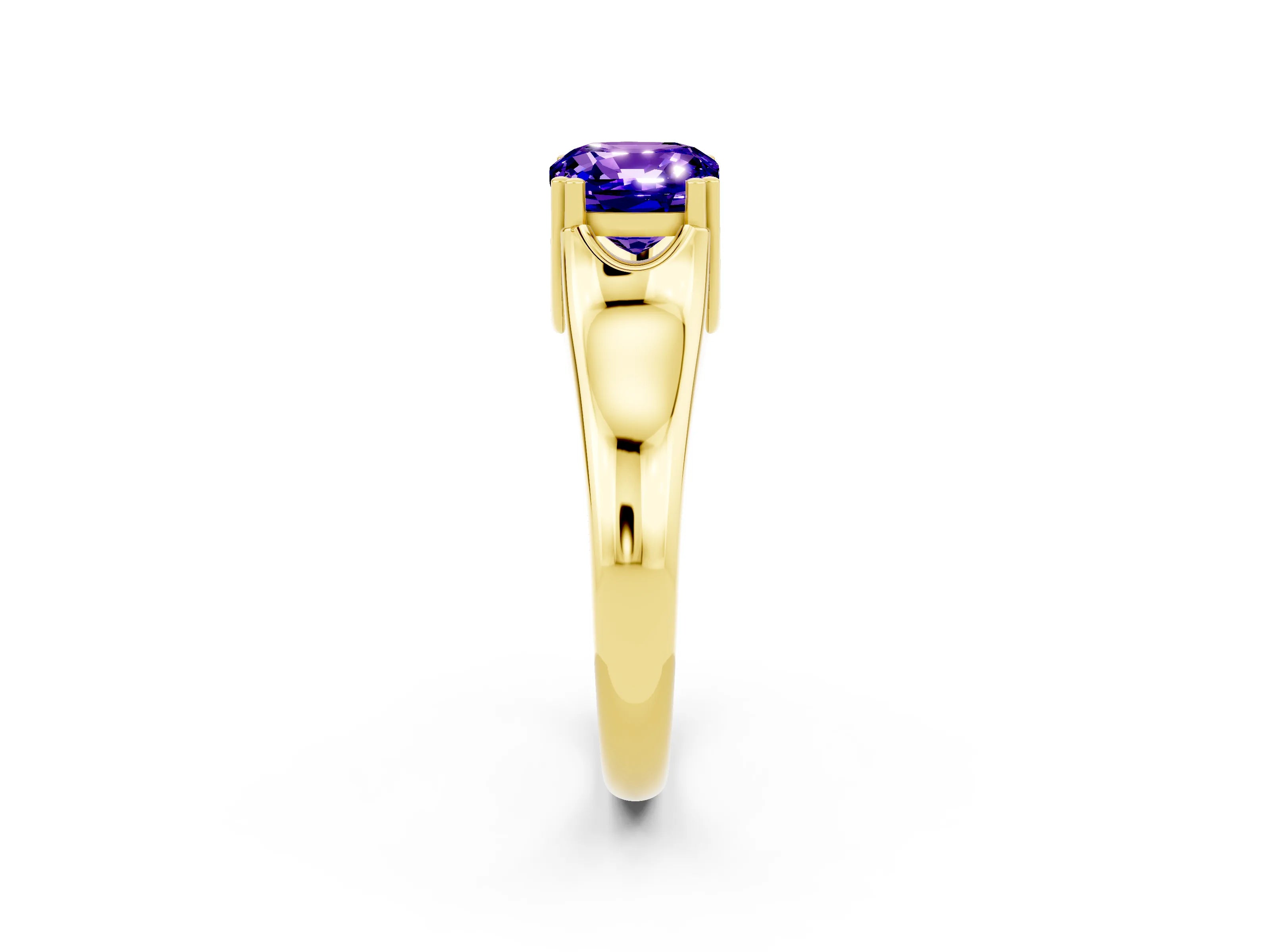Yellow gold Cushion Cut Tanzanite Solitaire Ring with Wide Band and Prong Setting_2