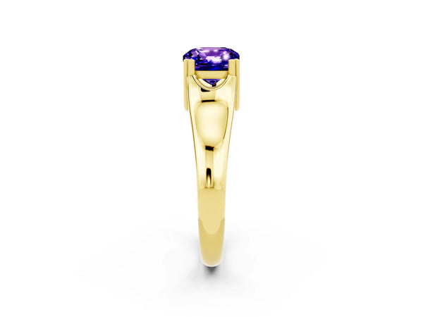 Yellow gold Cushion Cut Tanzanite Solitaire Ring with Wide Band and Prong Setting