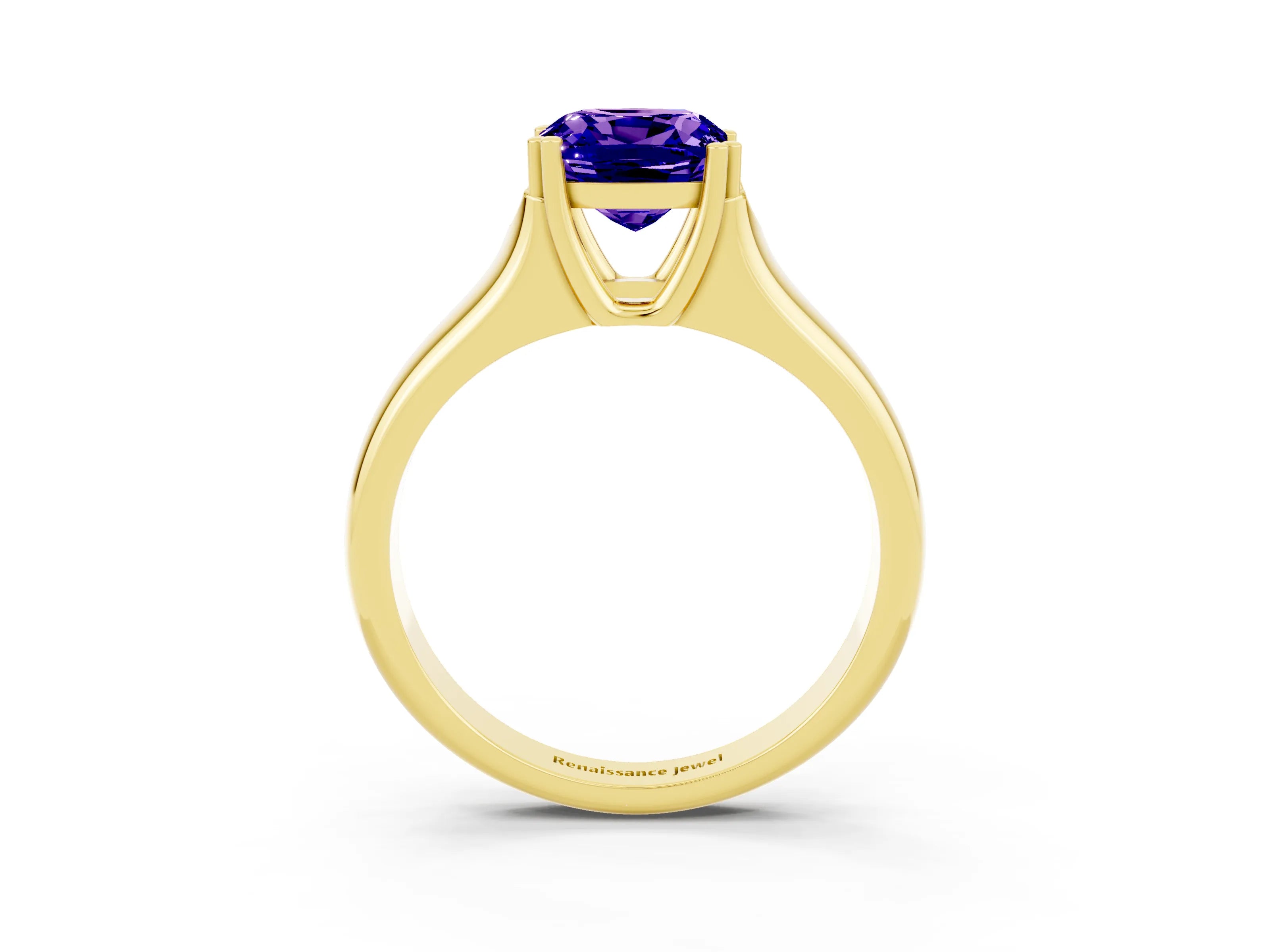 Yellow gold Cushion Cut Tanzanite Solitaire Ring with Wide Band and Prong Setting_3