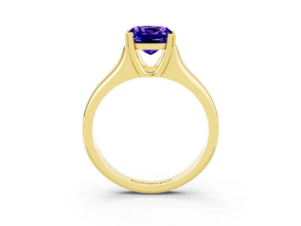 Yellow gold Cushion Cut Tanzanite Solitaire Ring with Wide Band and Prong Setting
