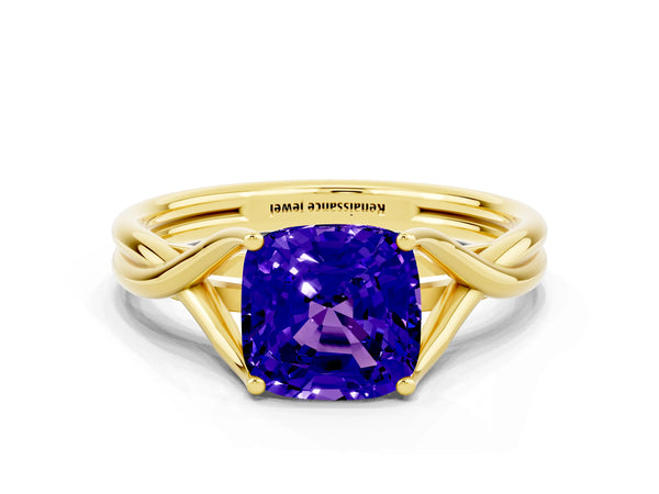Yellow gold Cushion Cut Tanzanite Solitaire Twist Band Prong Setting Ring