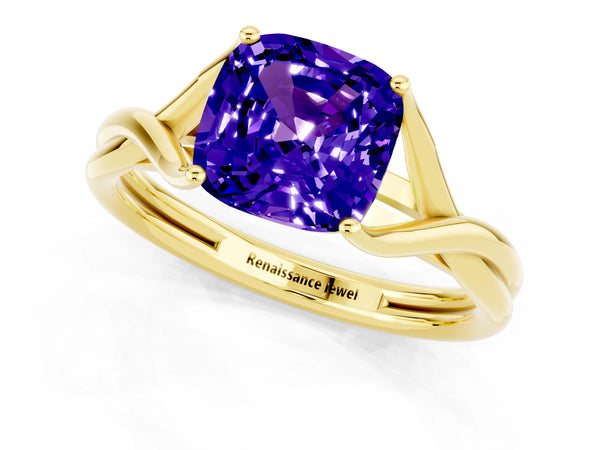 Yellow gold Cushion Cut Tanzanite Solitaire Twist Band Prong Setting Ring