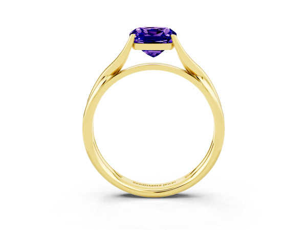 Yellow gold Cushion Cut Tanzanite Solitaire Twist Band Prong Setting Ring