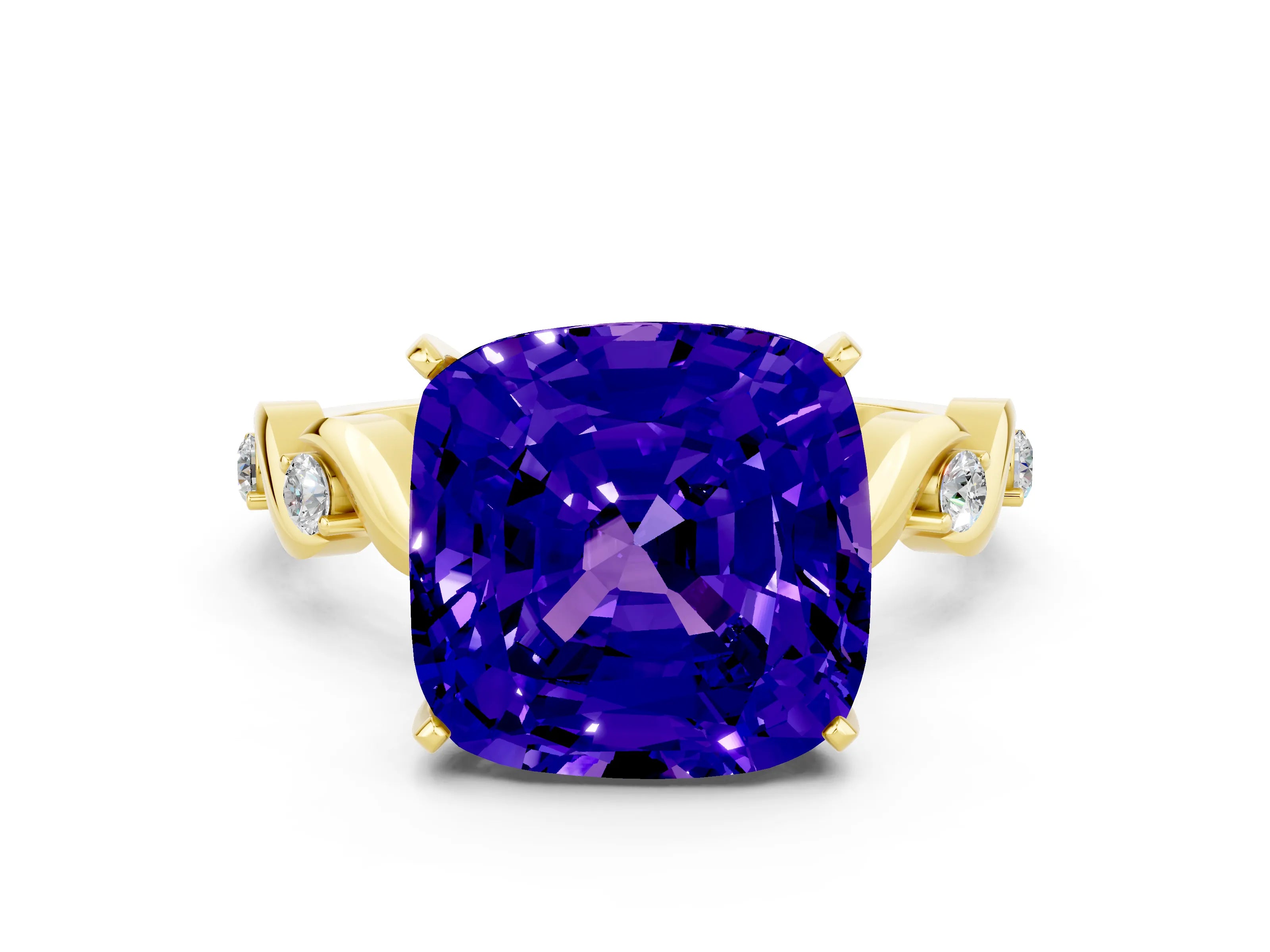 Yellow gold Cushion Cut Tanzanite Solitaire Twisted Band with Round  Accents and Prong Setting_12