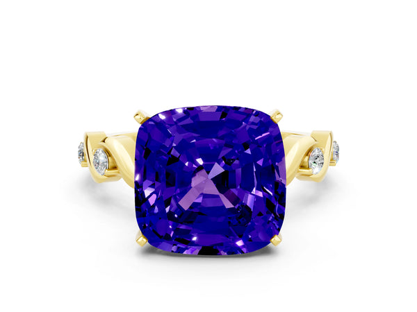 Yellow gold Cushion Cut Tanzanite Solitaire Twisted Band with Round  Accents and Prong Setting