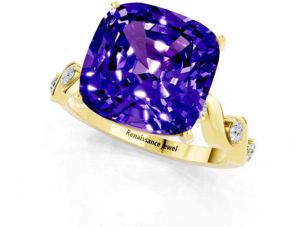 Yellow gold Cushion Cut Tanzanite Solitaire Twisted Band with Round  Accents and Prong Setting