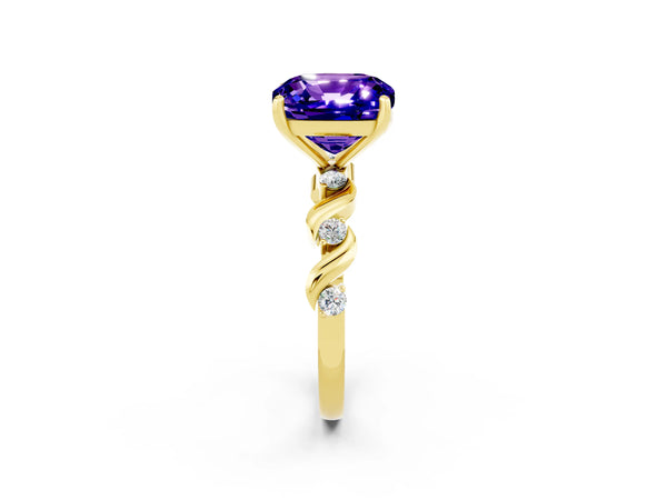 Yellow gold Cushion Cut Tanzanite Solitaire Twisted Band with Round  Accents and Prong Setting