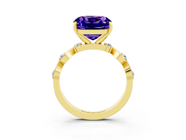 Yellow gold Cushion Cut Tanzanite Solitaire Twisted Band with Round  Accents and Prong Setting