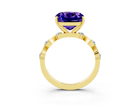 Yellow gold Cushion Cut Tanzanite Solitaire Twisted Band with Round  Accents and Prong Setting_15