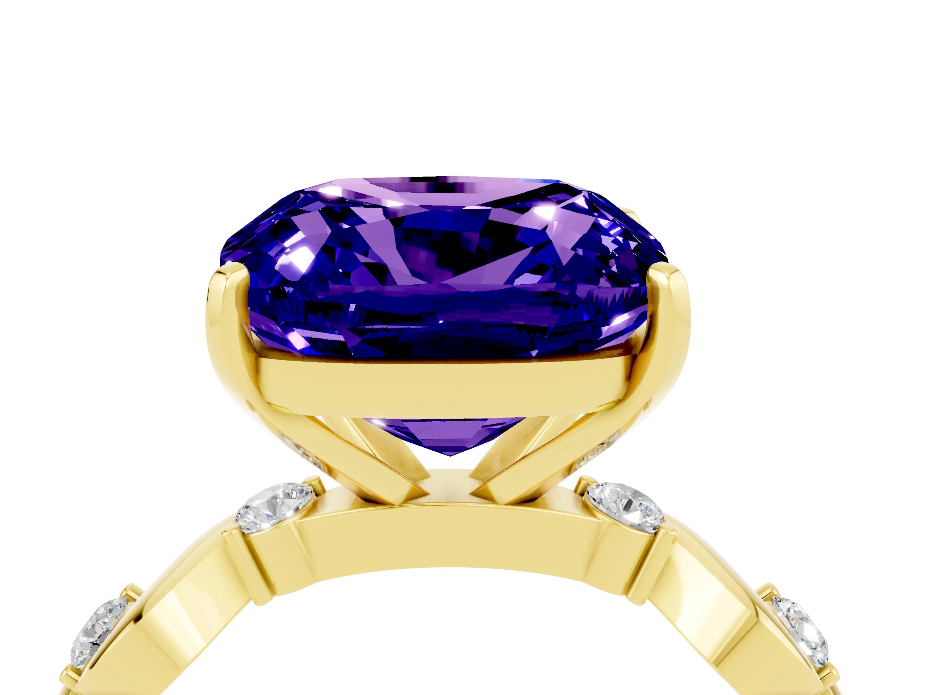 Yellow gold Cushion Cut Tanzanite Solitaire Twisted Band with Round  Accents and Prong Setting_16