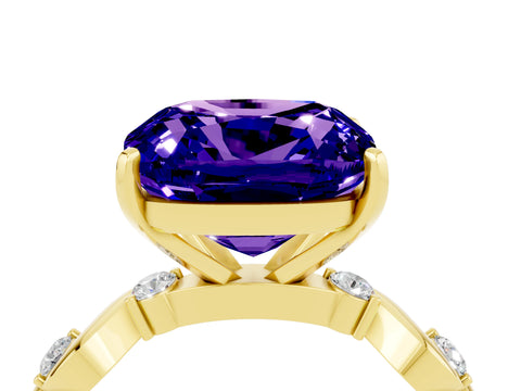Yellow gold Cushion Cut Tanzanite Solitaire Twisted Band with Round  Accents and Prong Setting_16