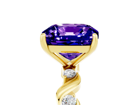Yellow gold Cushion Cut Tanzanite Solitaire Twisted Band with Round  Accents and Prong Setting_17