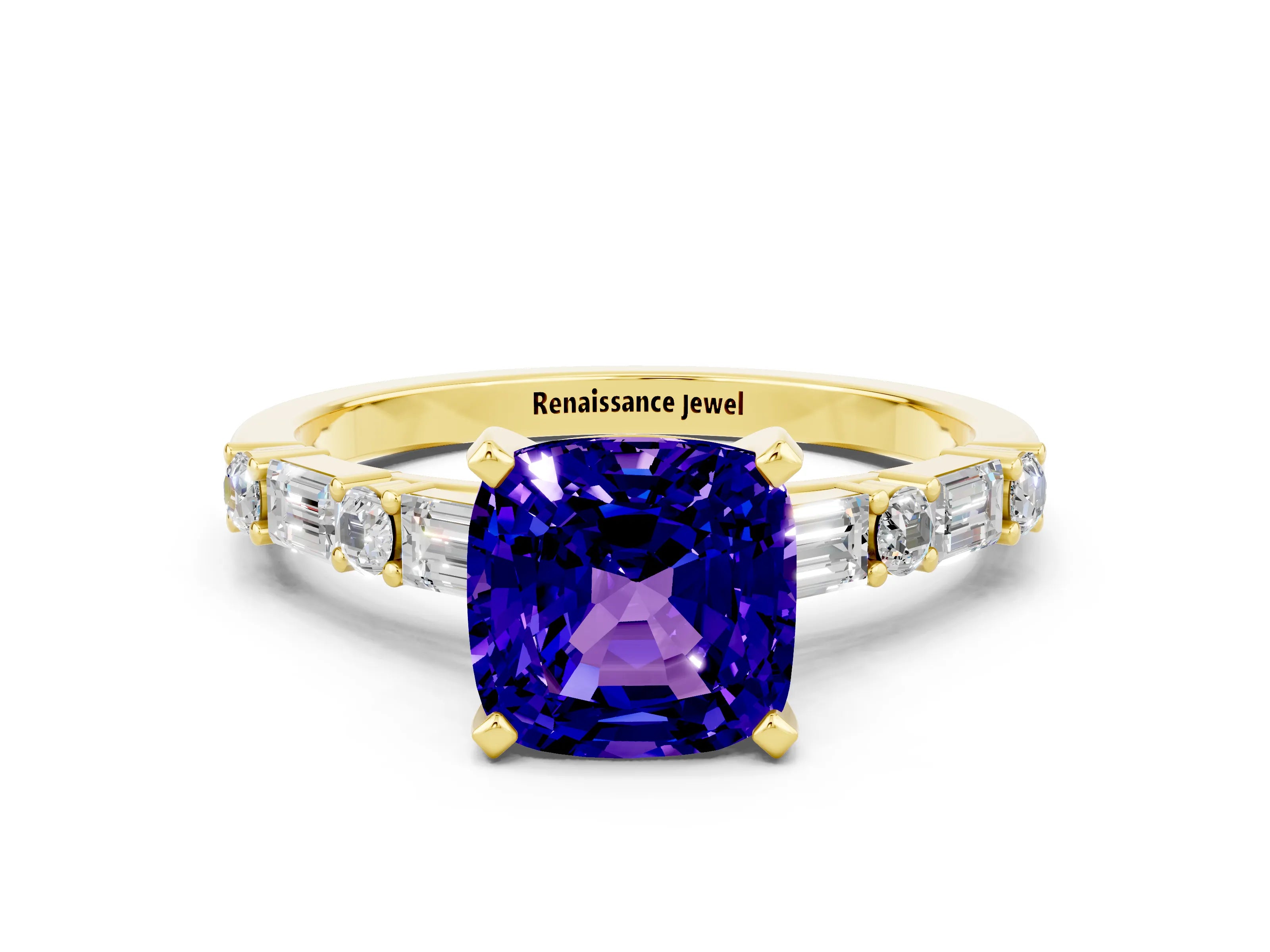 Yellow gold Cushion Cut Tanzanite Solitaire with Side Baguettes and Channel Set Band