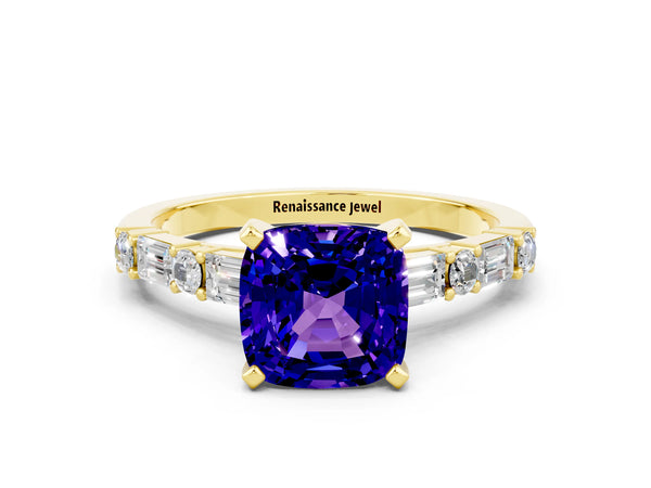Yellow gold Cushion Cut Tanzanite Solitaire with Side Baguettes and Channel Set Band