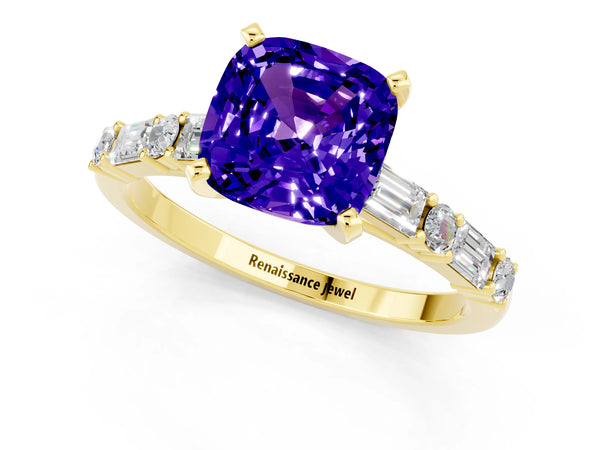 Yellow gold Cushion Cut Tanzanite Solitaire with Side Baguettes and Channel Set Band