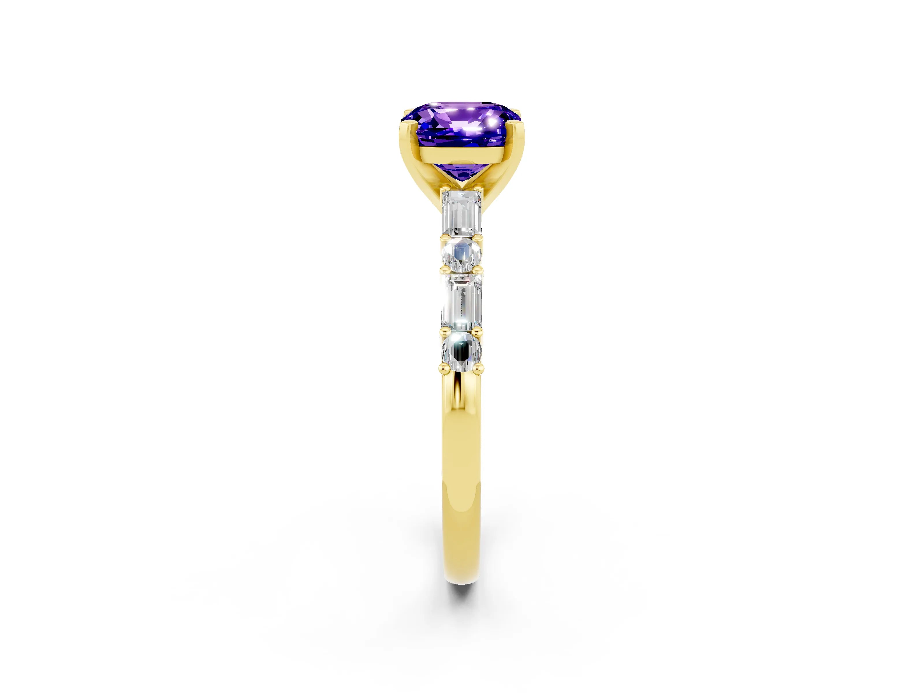 Yellow gold Cushion Cut Tanzanite Solitaire with Side Baguettes and Channel Set Band_2