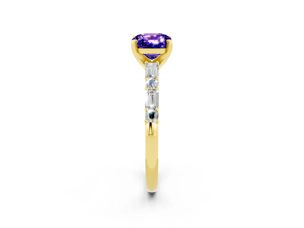 Yellow gold Cushion Cut Tanzanite Solitaire with Side Baguettes and Channel Set Band