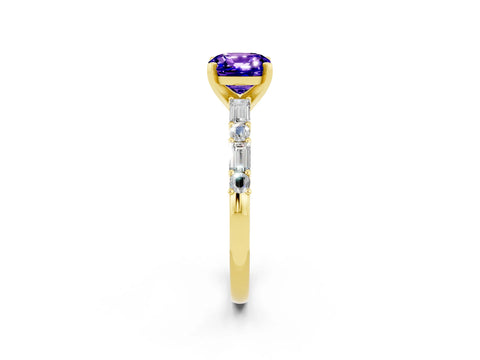 Yellow gold Cushion Cut Tanzanite Solitaire with Side Baguettes and Channel Set Band_2