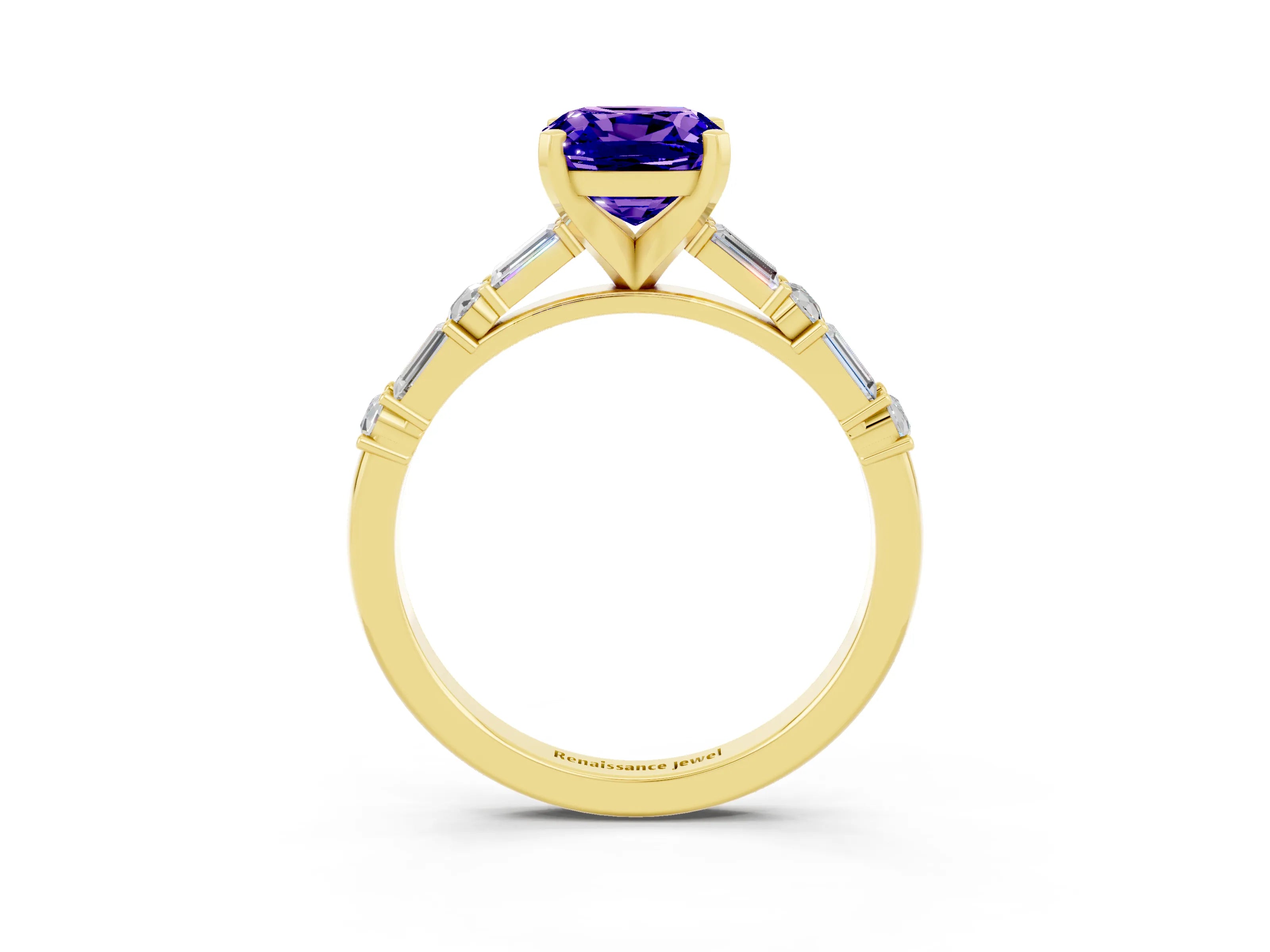 Yellow gold Cushion Cut Tanzanite Solitaire with Side Baguettes and Channel Set Band_3