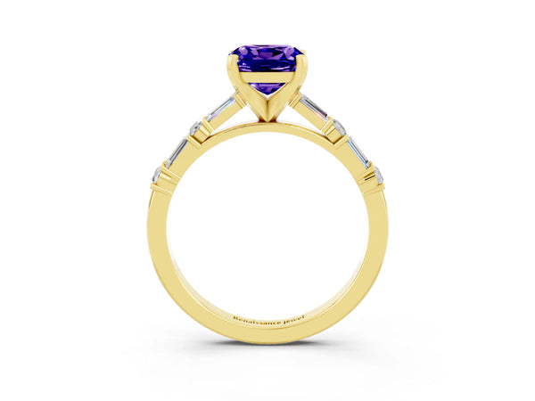 Yellow gold Cushion Cut Tanzanite Solitaire with Side Baguettes and Channel Set Band