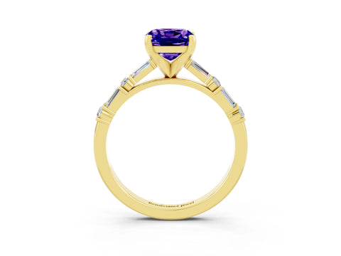 Yellow gold Cushion Cut Tanzanite Solitaire with Side Baguettes and Channel Set Band_3
